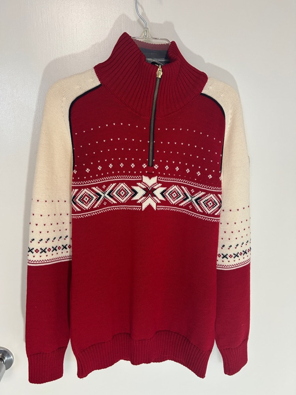 Dale of Norway Frostisen Red & Cream Fair Isle 100% Merino Wool 1/4 Zip Sweater